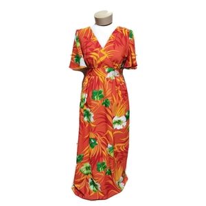 Made In Hawaii Orange Green Floral Tropical Maxi Dress Size 10 GVH
